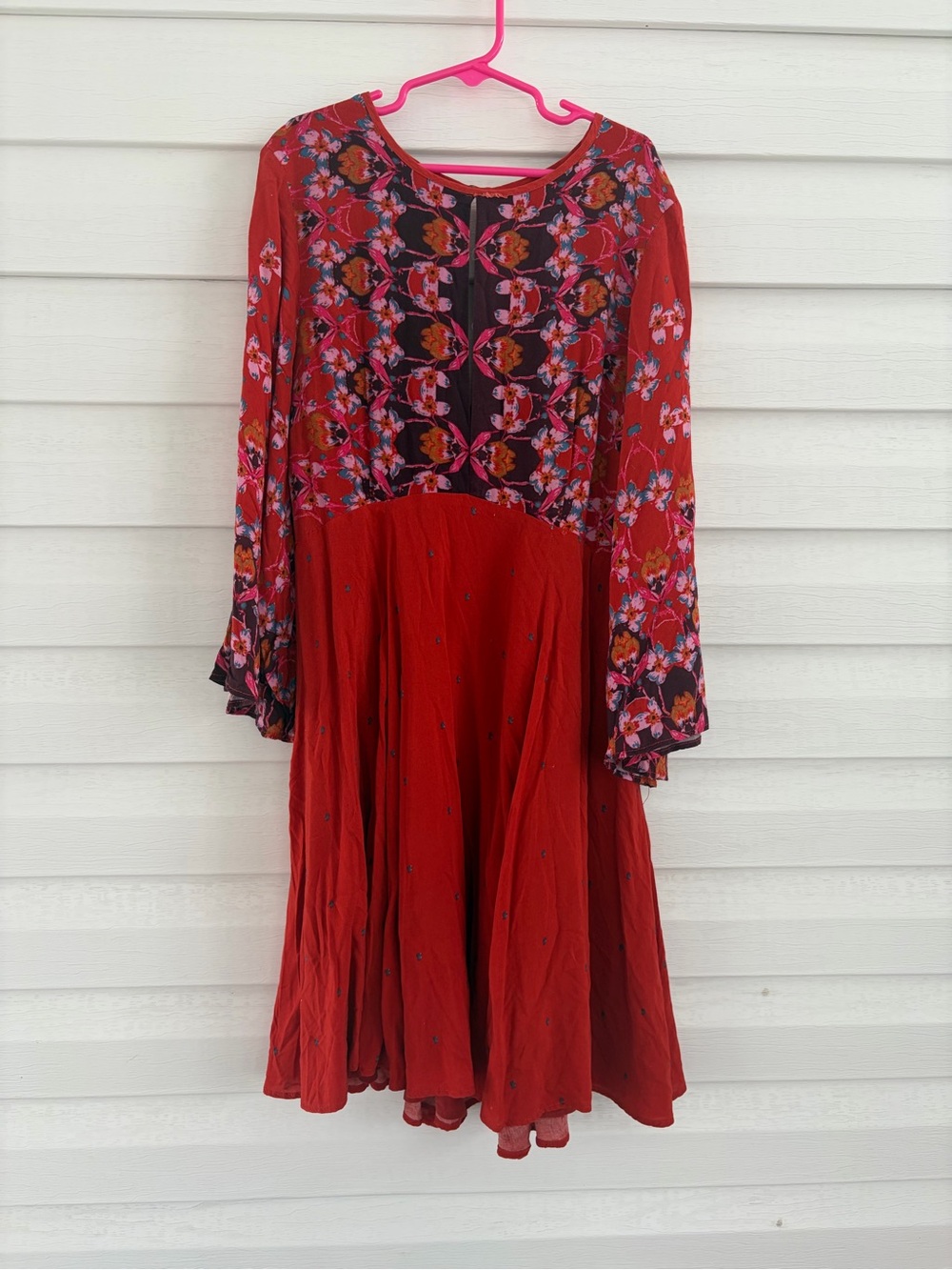 Ecote Red Floral Open Back Dress S Boho Bell Sleeve Festival Boho